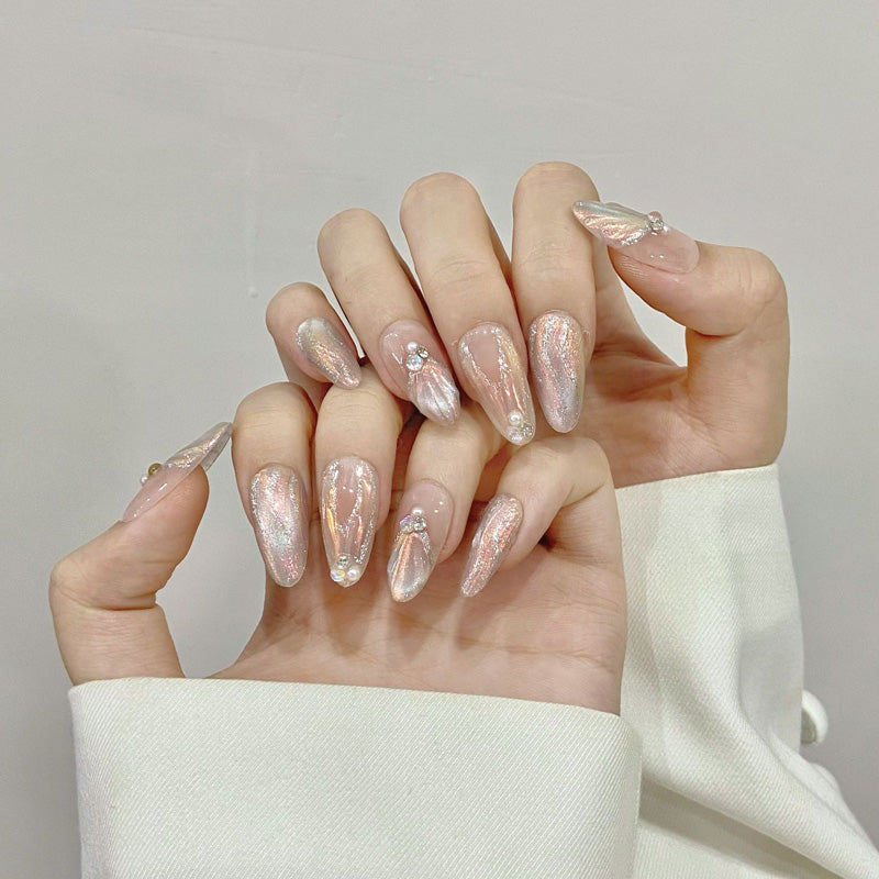 Premium handmade almond press-on nails with French gradient design, iridescent chrome finish & crystal accents