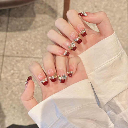 Premium handmade coffin medium press-on nails with luxury rhinestone design, burgundy gradient & crystal embellishments