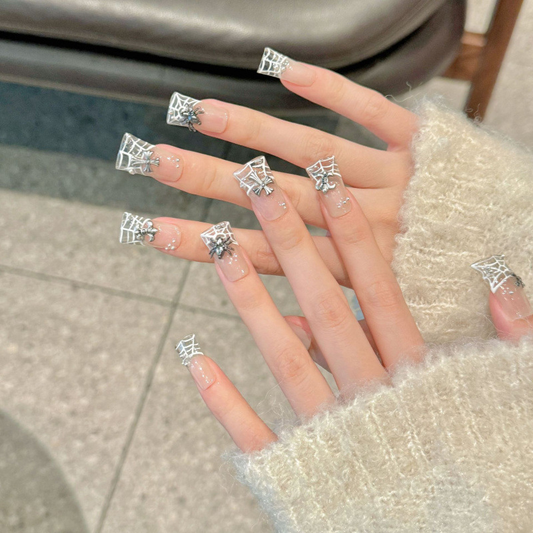 Premium handmade duck press-on nails with intricate crystal lace patterns. Trendy shape, easy application, salon results