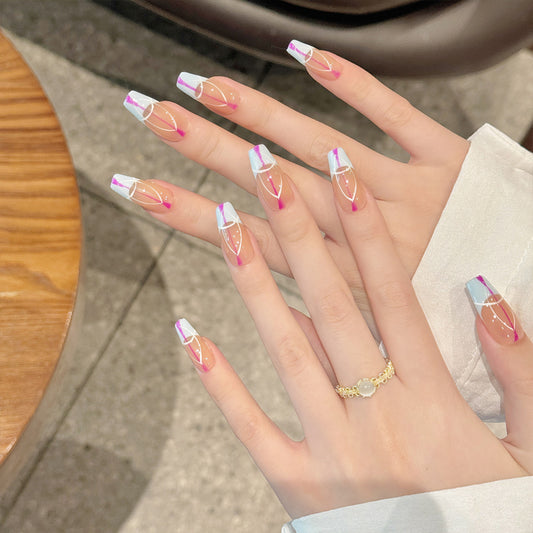 Premium handmade stiletto French gradient nails with purple-blue ombre effects and delicate crystal star accents. Timeless elegance