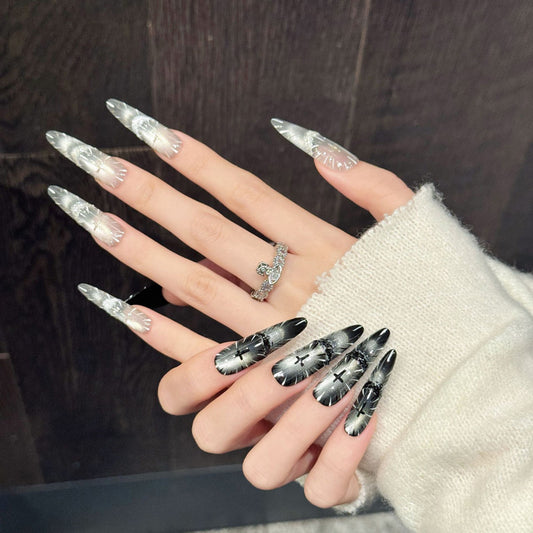 Premium stiletto long press-on nails for faith expression - sacred cross symbols, shimmering rays, silver & black chrome, perfect for religious events