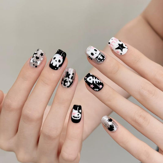 Professional quality Halloween press-on nails with kawaii panda theme, coffin short design, complete with application kit and guide