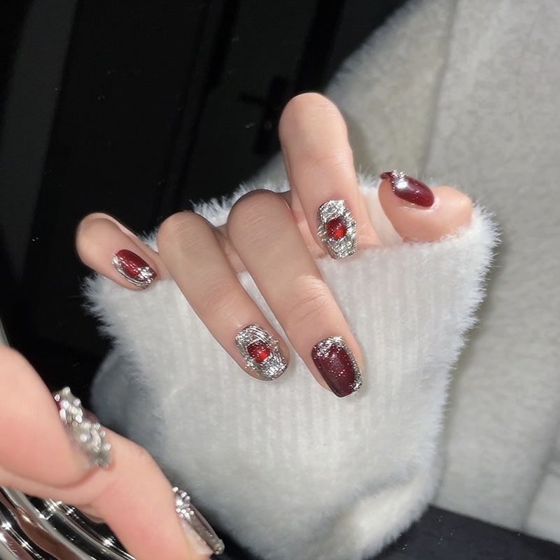 Salon-quality coffin short press-on nails with ruby elegance theme - perfect blend of sophistication & modern edge
