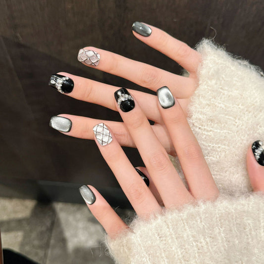 Sophisticated Black & White Geometric Coffin Nails - Crystal Accents, Professional Quality, Handcrafted by KAPOWNAILS