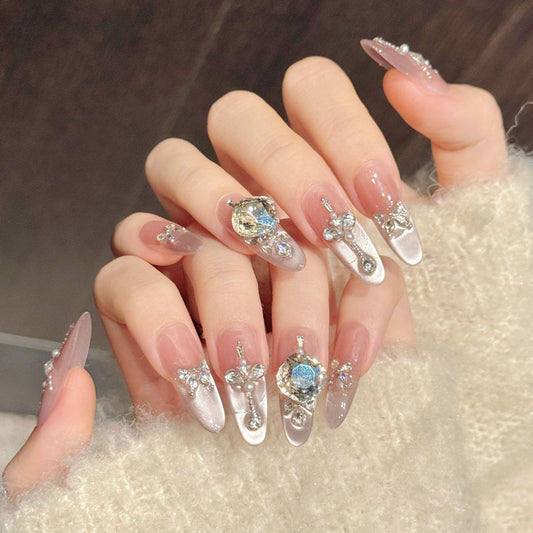 Stunning oval press-on nails featuring jewelry-inspired design, blue gemstone & pearls - Wedding elegance at home - Set of 10 nails