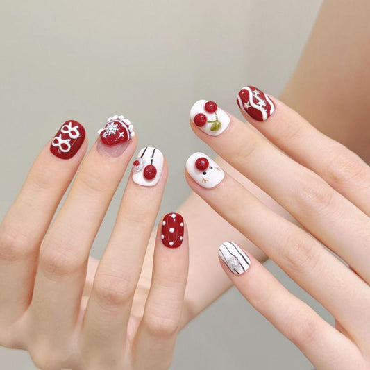 Sweet Halloween cherry skull squoval short press-on nails with adorable cherry motifs, mystical skulls, and cute ghost characters