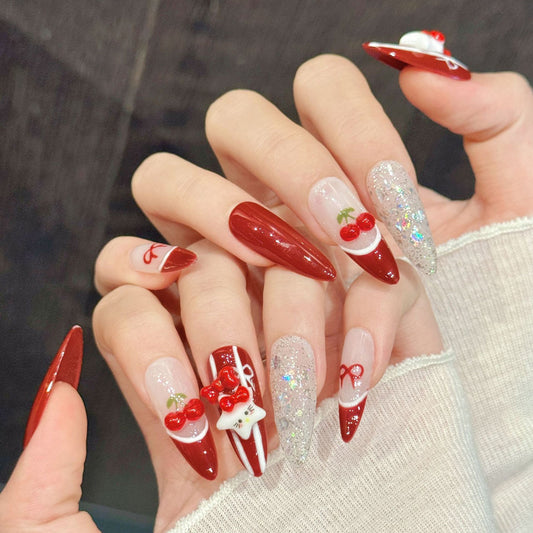 Sweet almond nails with 3D cherries, red bows, silver glitter & candy cane stripes - perfect for red cherry bow glitter festive charm & sweet style