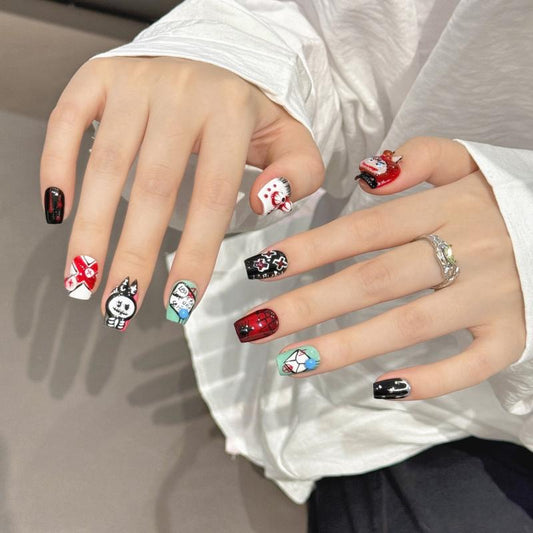 Unique Halloween anime horror coffin short press-on nails with kawaii characters, horror movie themes, and vibrant Japanese pop culture designs