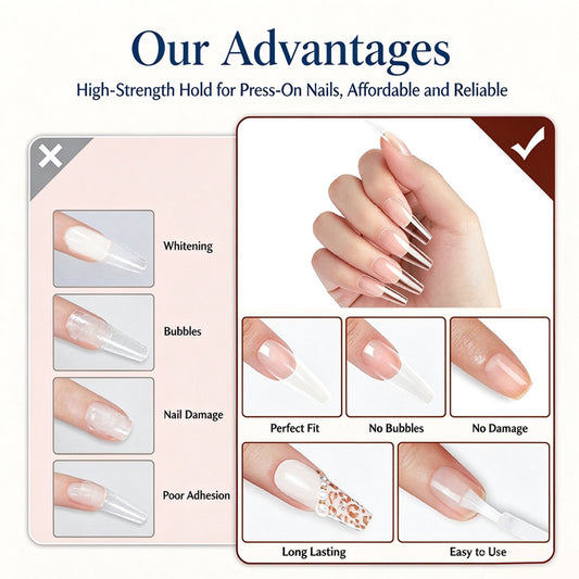 Kapownails brush-on nail glue advantages compared with other glues, showing perfect fit, no bubbles, no damage and long lasting hold