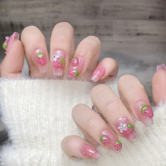 dorable coffin nails with 3D strawberries, floral bow, jelly pink & crystals - perfect for sweet strawberry jelly kawaii delight & playful style