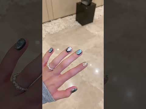 Squoval Short Nails Teal Glitter Gold Rhinestone Luxury