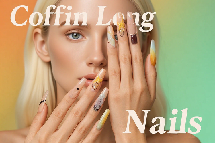 Ballerina long nails with elegant coffin shape nail design in nude pink polish