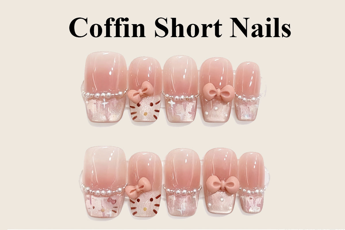 Ballerina short nails with coffin shape design in nude pink gel polish