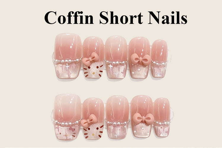 Ballerina short nails with coffin shape design in nude pink gel polish