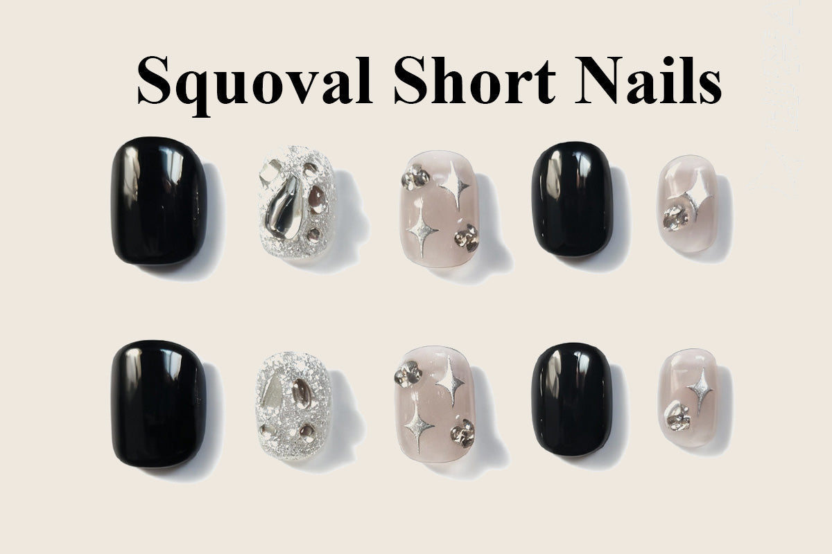Squoval short nails with square-oval hybrid shape in press on nails