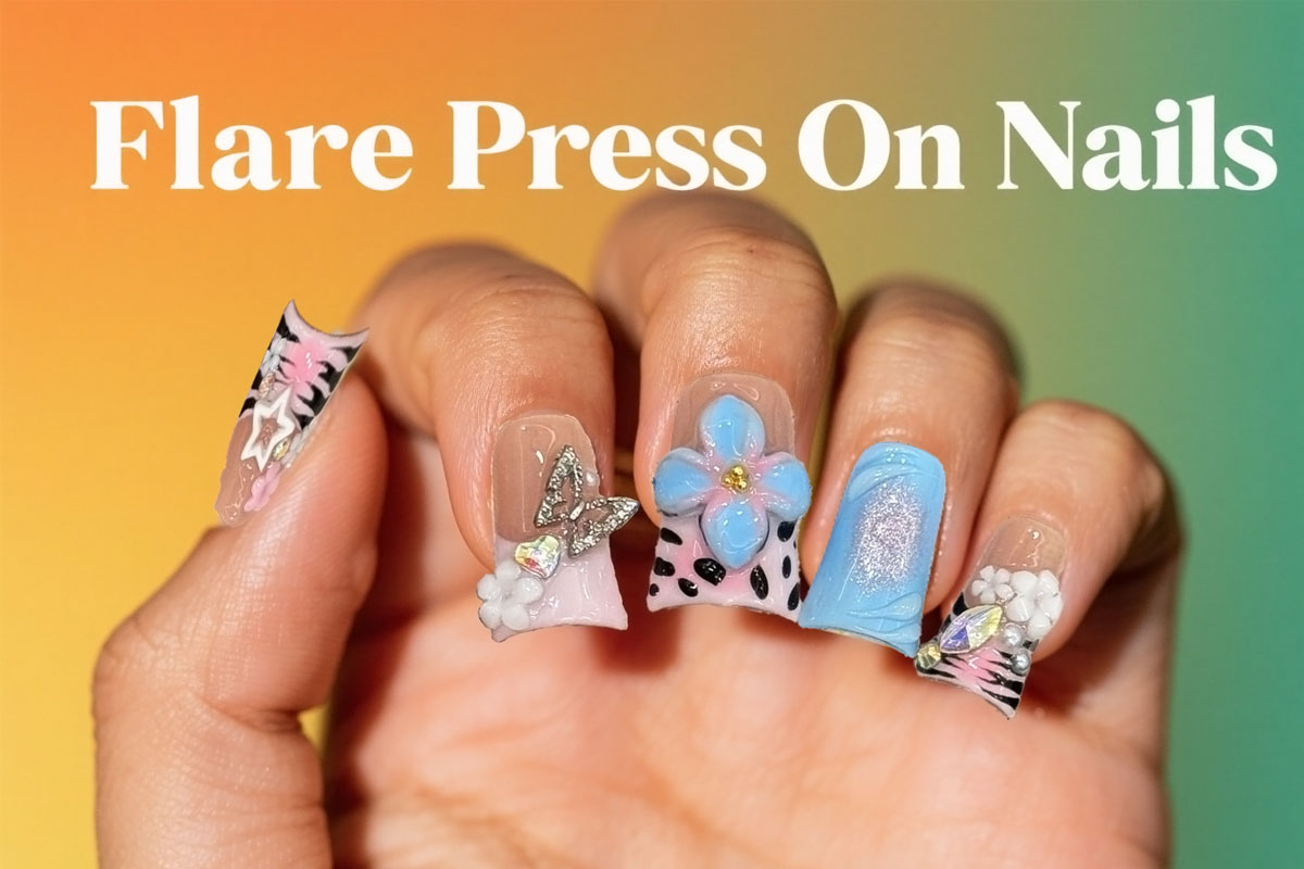 KAPOWNAILS Flare press-on nails feature a unique duckbill shape that flares out at the tips