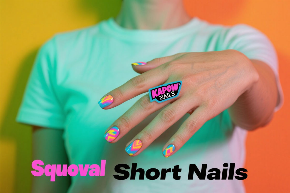 Squoval short nails with square-oval hybrid shape in press on nails