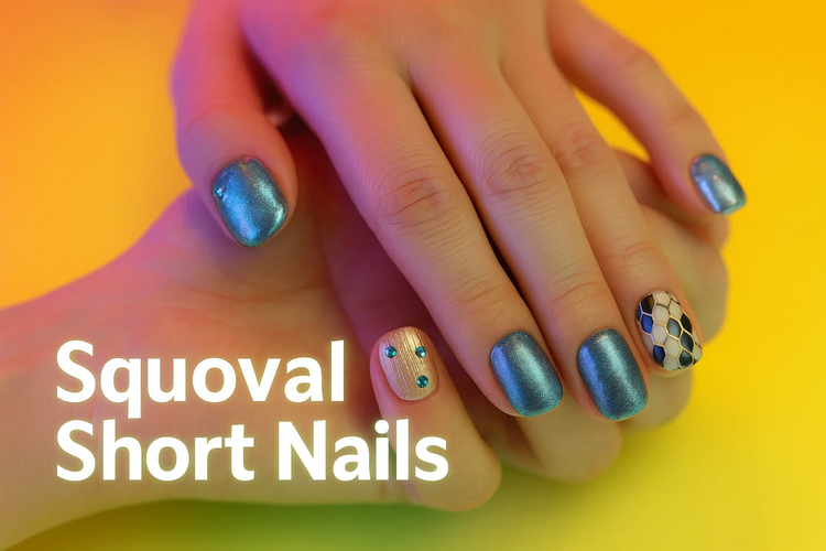 Squoval short nails with square-oval hybrid shape in press on nails