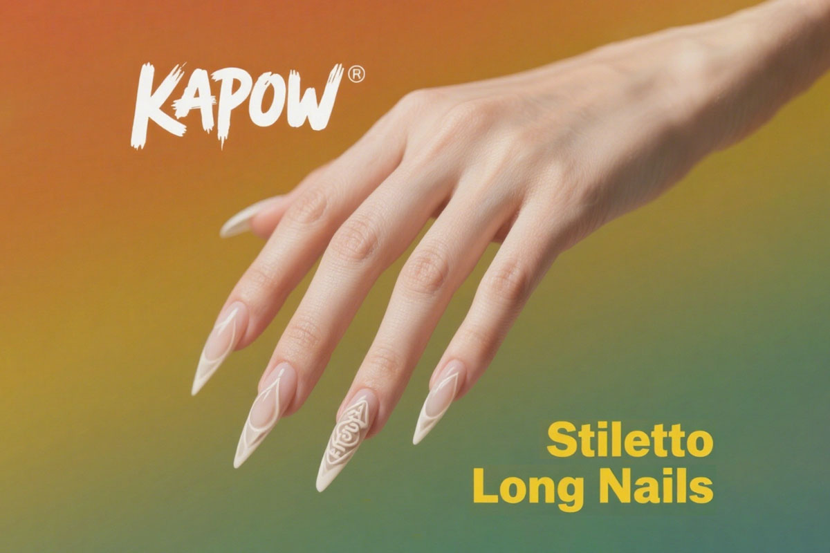 Make a bold statement with KAPOWNAILS Stiletto Long press-on nails.