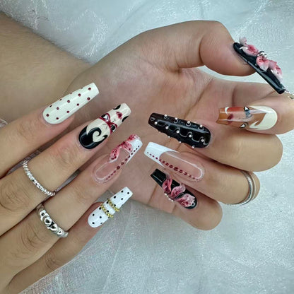 Vintage Glam 3D Floral Nails | Long Coffin Luxury Set