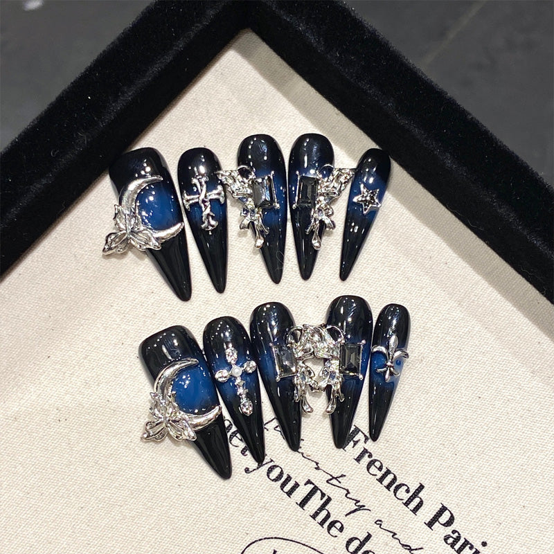 Navy Blue Luxury Stiletto Press-On Nails - Silver Charms