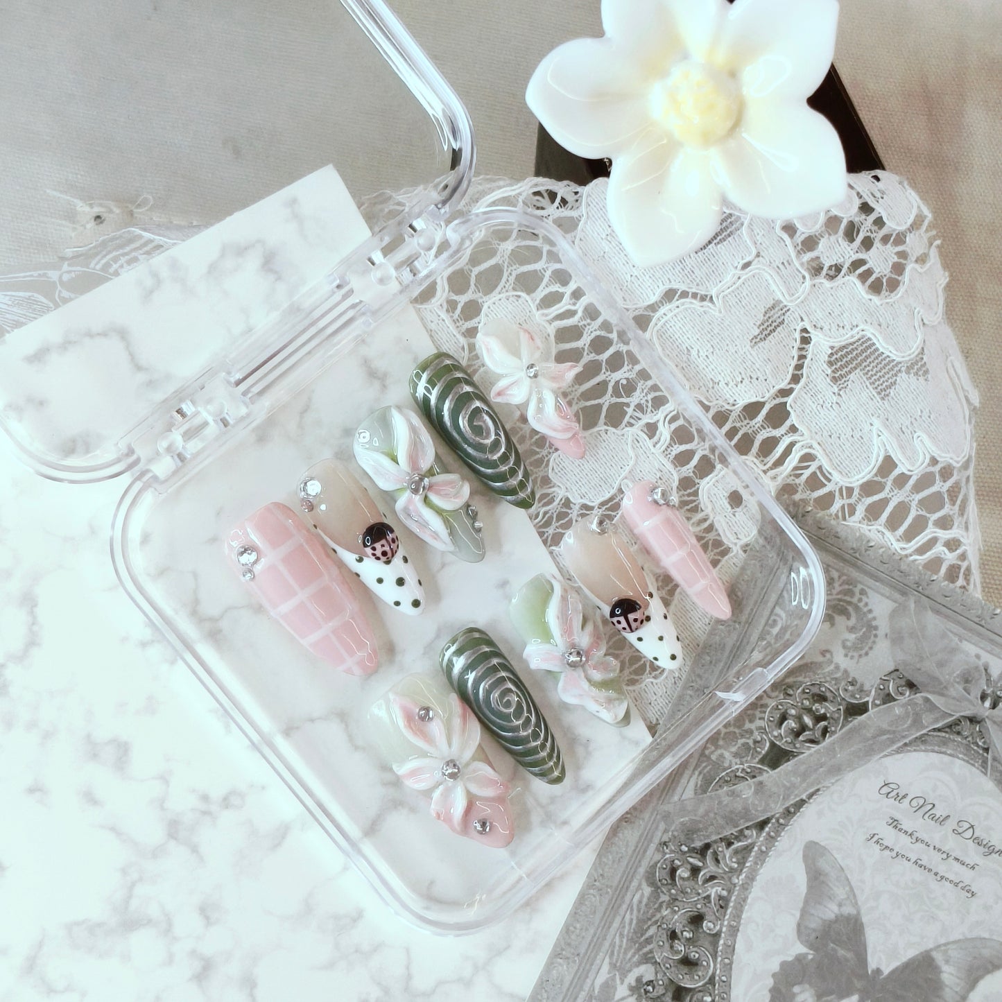 Matcha Garden Nails | Long Almond 3D Floral Set