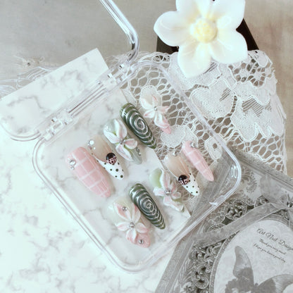 Matcha Garden Nails | Long Almond 3D Floral Set