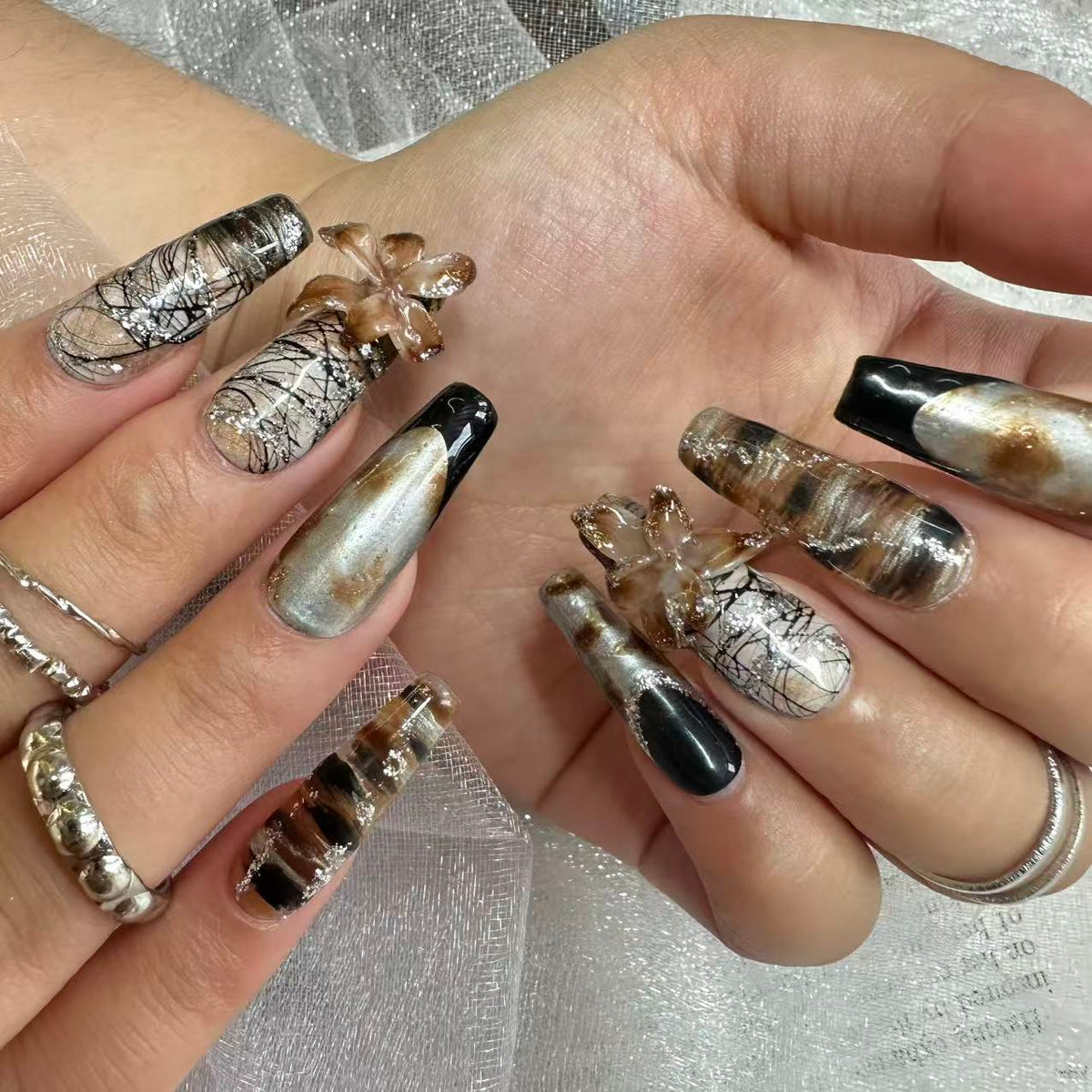 Dark Gothic Cat Eye Butterfly Nails | Long Coffin Set