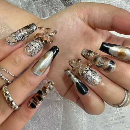 Dark Gothic Cat Eye Butterfly Nails | Long Coffin Set