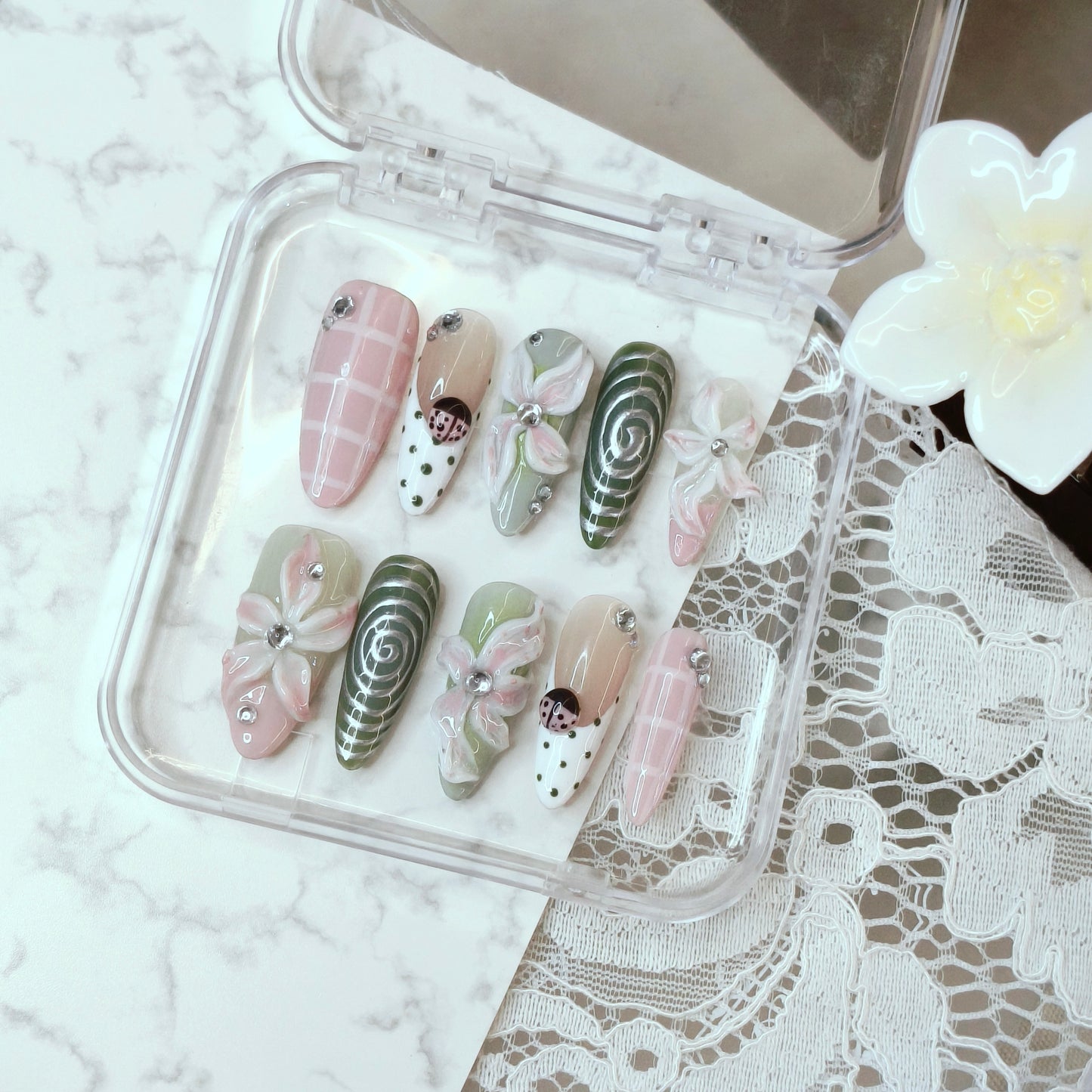 Matcha Garden Nails | Long Almond 3D Floral Set