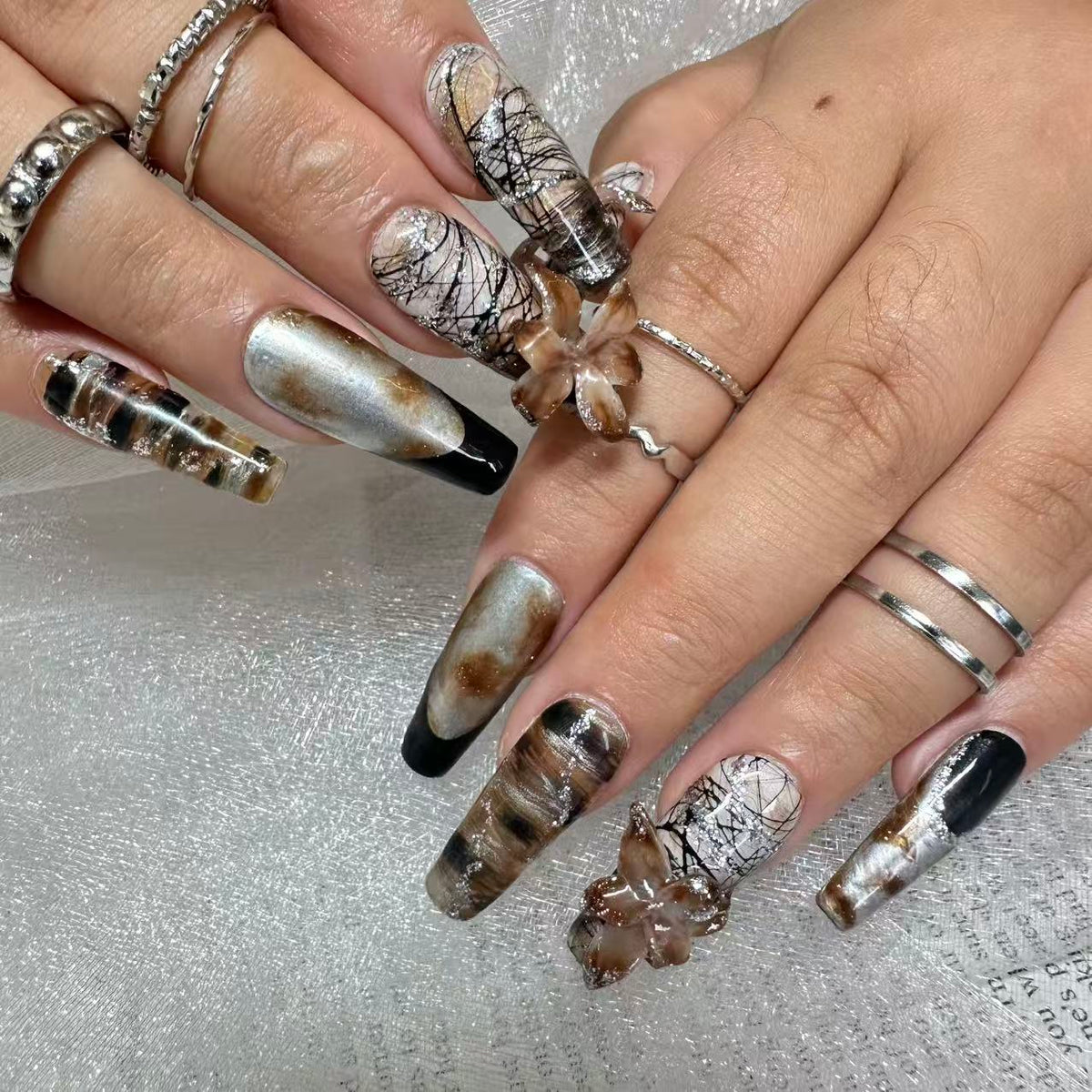 Dark Gothic Cat Eye Butterfly Nails | Long Coffin Set