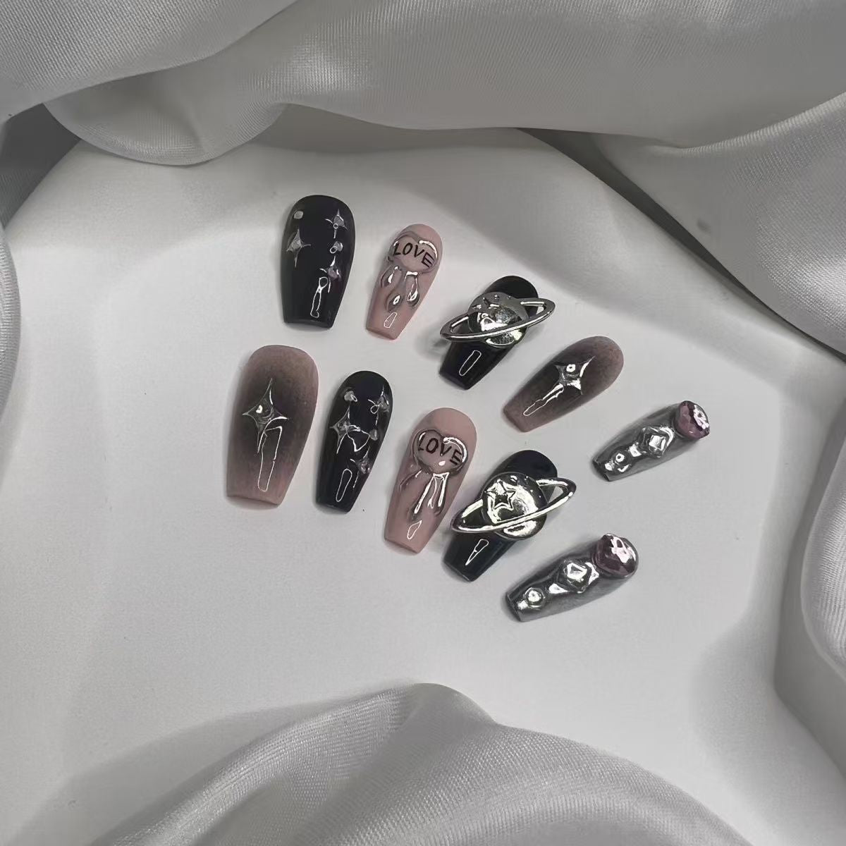 Kapownails Galaxy Love Press On Nails - Black Pink Duo × Cosmic Stars & iMOUI Hearts