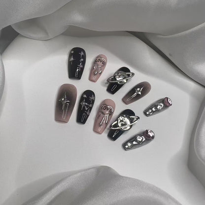 Kapownails Galaxy Love Press On Nails - Black Pink Duo × Cosmic Stars & iMOUI Hearts