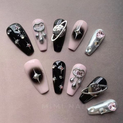 Kapownails Galaxy Love Press On Nails - Black Pink Duo × Cosmic Stars & iMOUI Hearts