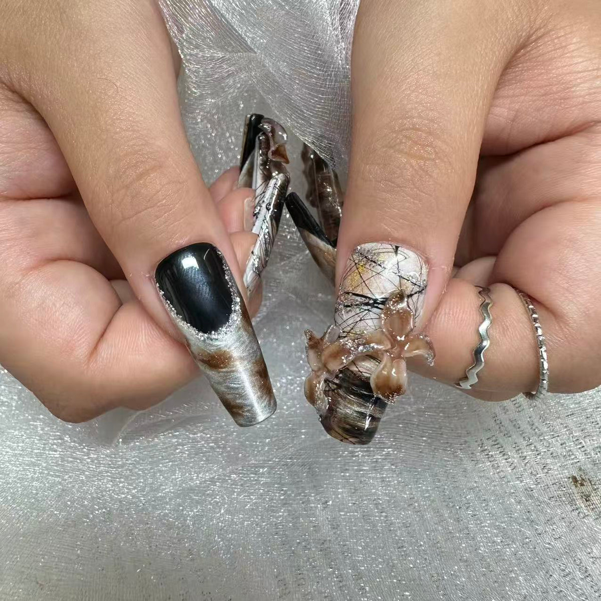 Dark Gothic Cat Eye Butterfly Nails | Long Coffin Set