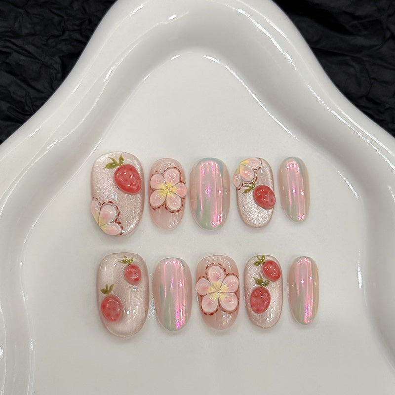 Oval Short Press-On Nails - Cherry Blossom Design