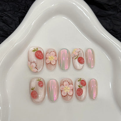 Oval Short Press-On Nails - Cherry Blossom Design