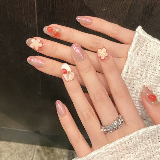 Oval Short Press-On Nails - Cherry Blossom Design