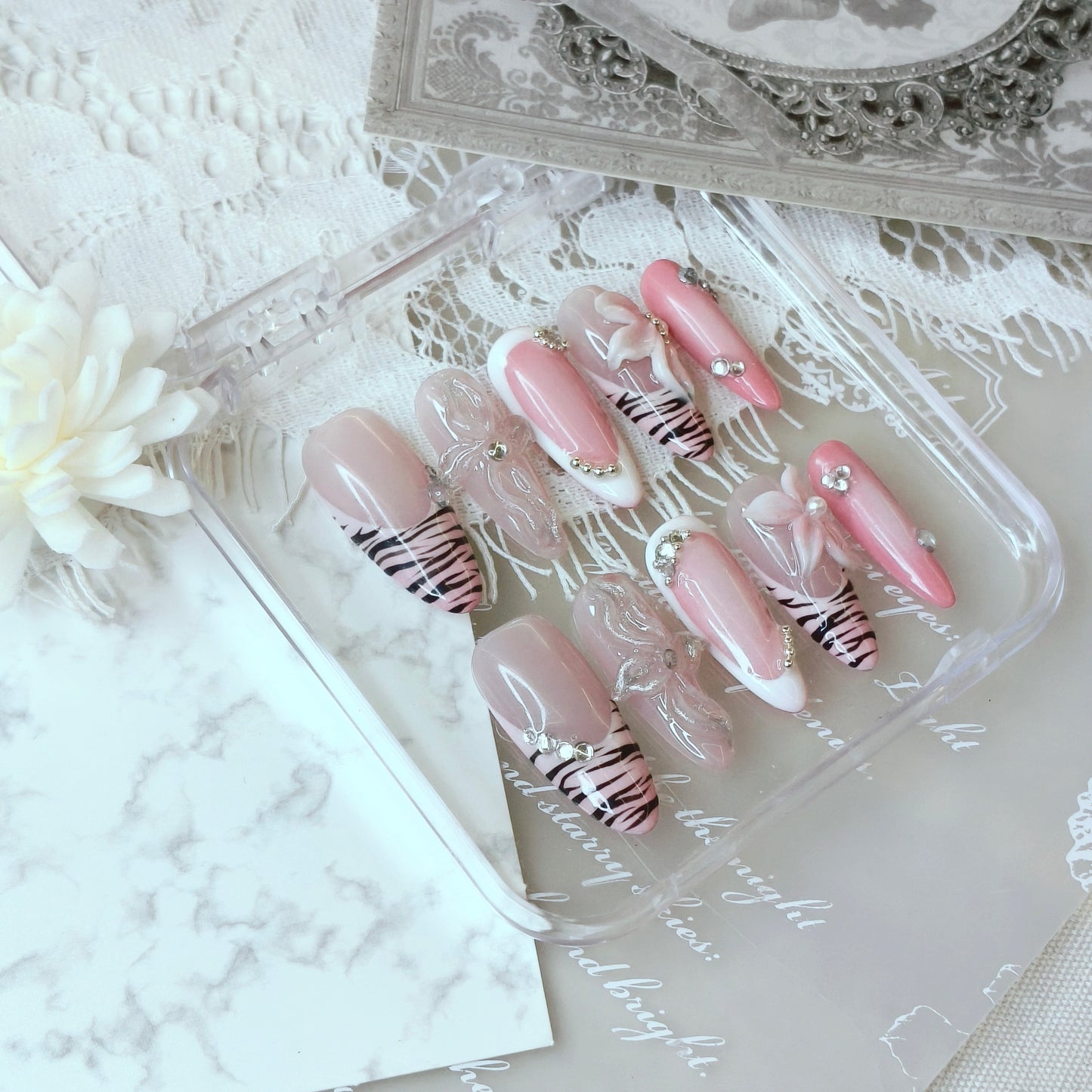 Pink Zebra Cat Eye Nails | Long Almond Y2K Set
