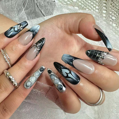 Smoke & Chrome Gothic Nails | Long Coffin Cyber Set