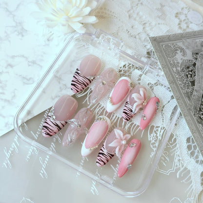 Pink Zebra Cat Eye Nails | Long Almond Y2K Set