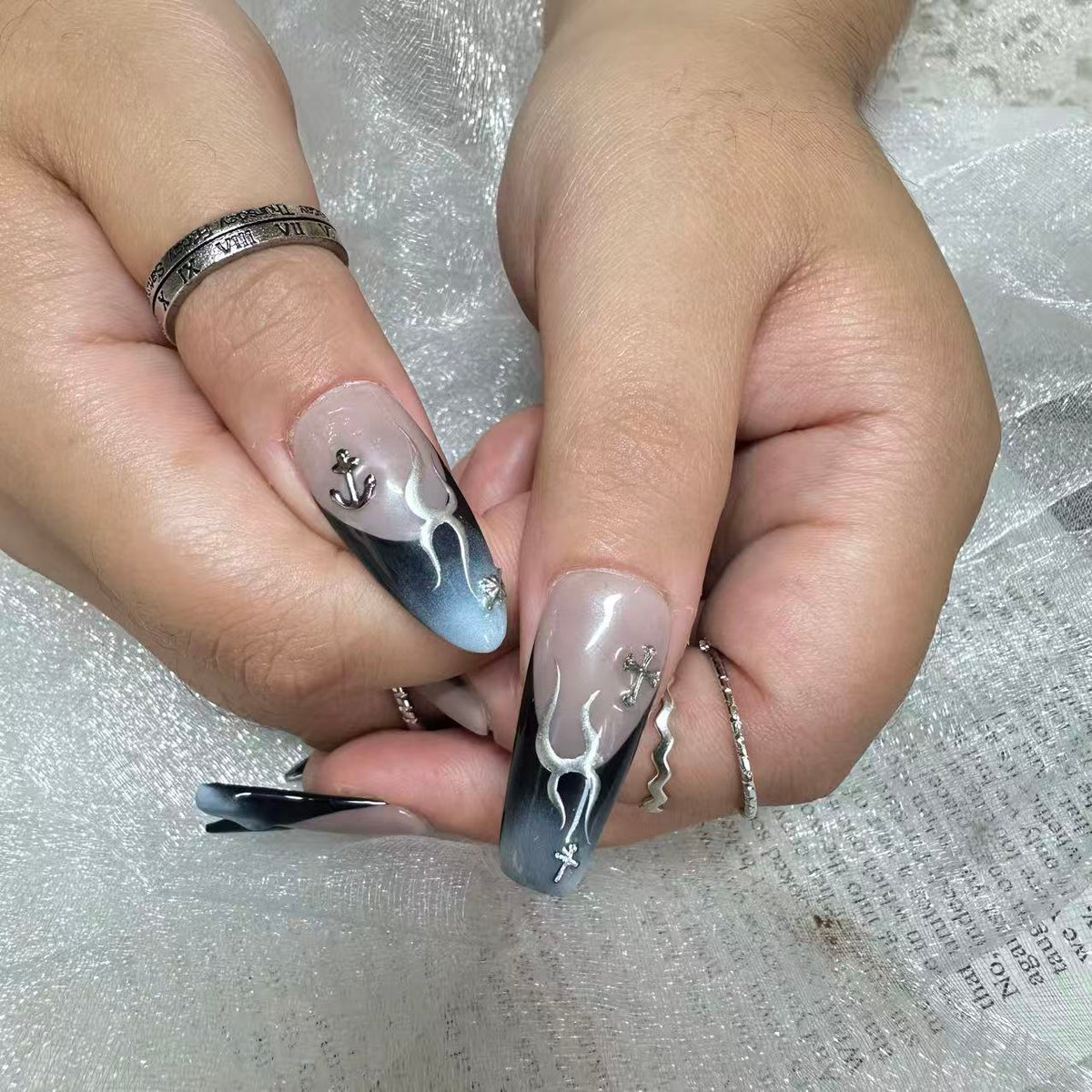 Smoke & Chrome Gothic Nails | Long Coffin Cyber Set
