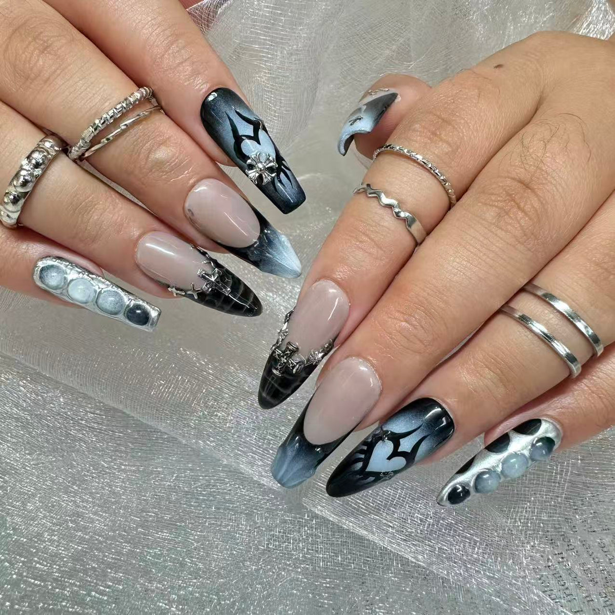 Smoke & Chrome Gothic Nails | Long Coffin Cyber Set