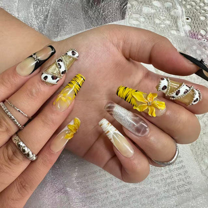 Wild Leopard Tiger Nails | Long Coffin Crystal Chain Set