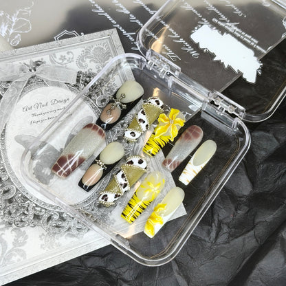 Wild Leopard Tiger Nails | Long Coffin Crystal Chain Set