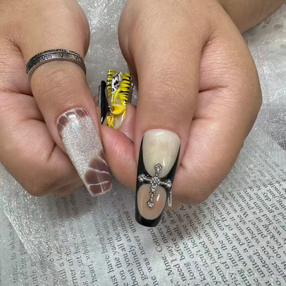 Wild Leopard Tiger Nails | Long Coffin Crystal Chain Set