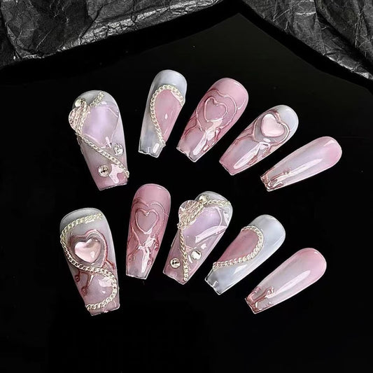 Kapownails Heart & Chain Press On Nails - Pink-Purple Ombré with Crystals