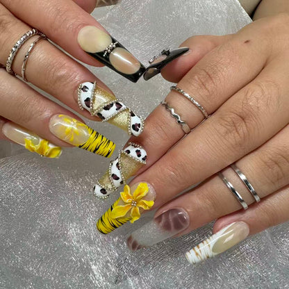 Wild Leopard Tiger Nails | Long Coffin Crystal Chain Set