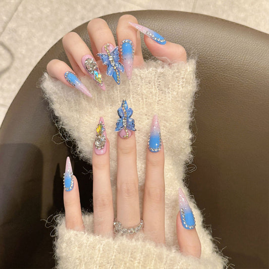 KAPOWNAILS Handmade Stiletto Long Press-On Nails Blue