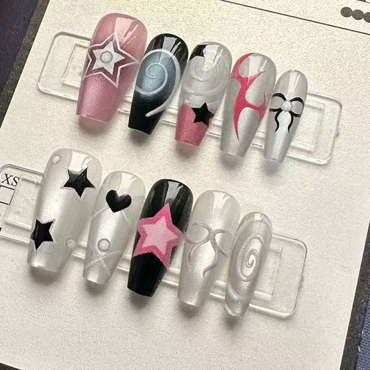 Kapownails Glam Press-On Nails - Star & Bow Designs, Pink & Silver Ombré